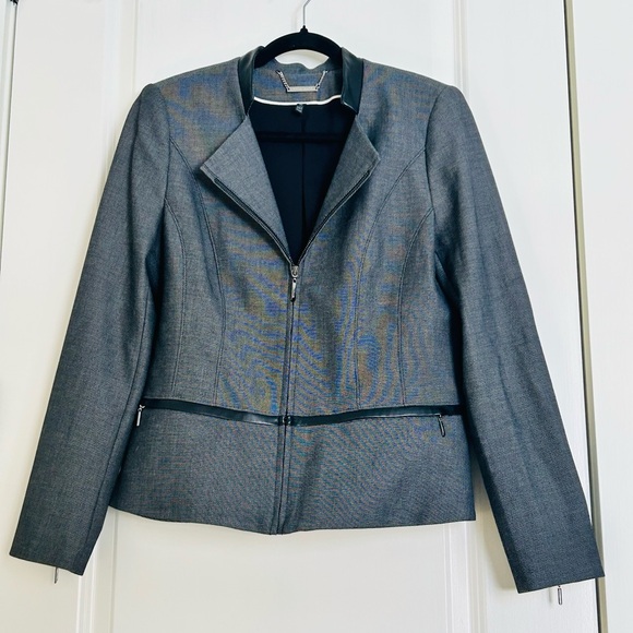 White House Black Market Gray Faux Leather Trim Blazer w/ Zipper Women’s Size 10 - Picture 3 of 5